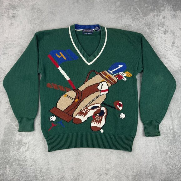 Vintage Hathaway Knitted Golf Sweater V-Neck Pullover Green Retro Y2K Grandpa M - Picture 2 of 9